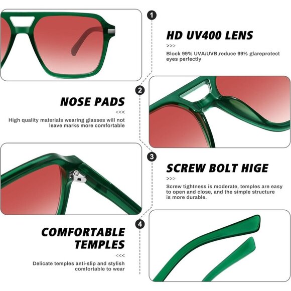 🆕Women Green Retro Trendy Classic Square Vintage Shade Double Bridge Sunglasses - Picture 5 of 7